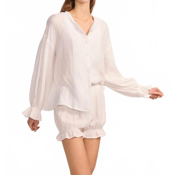 NEW BELLE D'AMOUR cotton gauze button down shorts in white - Picture 4 of 6